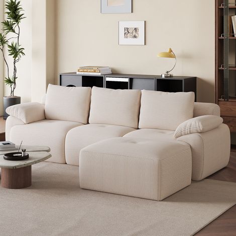 JOOKGBD-Ecksofa 3-sitzig modular mit Hocker,Kordelsamt,vakuumverpackt vormontiert,hochdichte Schaumstoffpolsterung,breite Armlehnen 34cm,für modernes Wohnzimmer,beige (1/5)