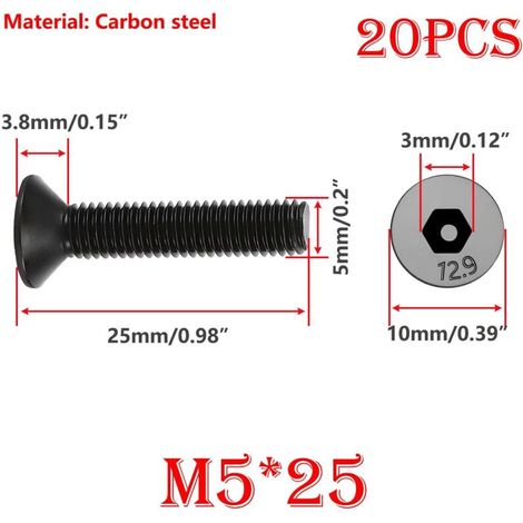 Viti a testa svasata M5×25 mm – Confezione da 20 viti a testa esagonale in acciaio al carbonio, filettatura completa, testa piatta e cava