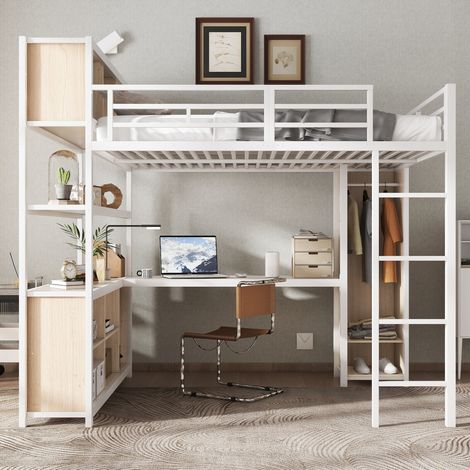 lit adulte mezzanine rangement 140x200 métal bois blanc OKMYHOME (1/5)