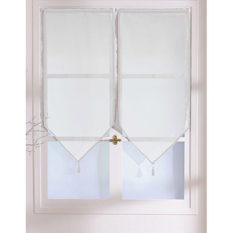 Homemaison – Lot de 2 voiles pointes à pompons 60 x 120 cm – Tissu uni 100% polyester – Ourlet passe tringle – Coloris blanc