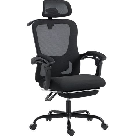 Chaise bureau ergonomique noire – Maille, appui-tête réglable, support lombaire – 64x64x124 cm – Idéale pour télétravail (1/5)