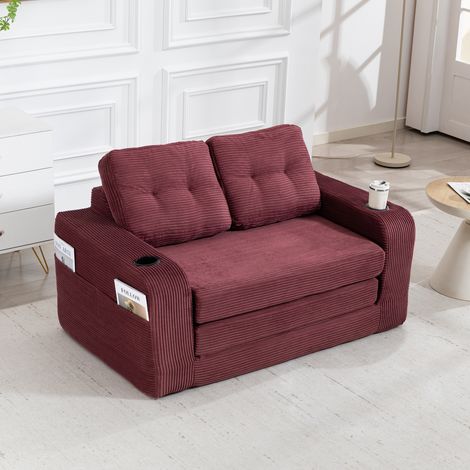 Canapé 2 places en velours côtelé avec porte-gobelets et poches latérales, pouf convertible sans cadre avec coussins matelassés - Rouge