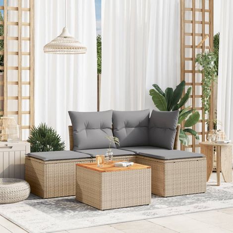 Salon de Jardin Résine Tressée 5 Pièces Beige avec Coussins Amovibles  Canapé d'Angle, Central, Table et Repose-Pied  Acacia, Polyester  62x62cm (1/3)