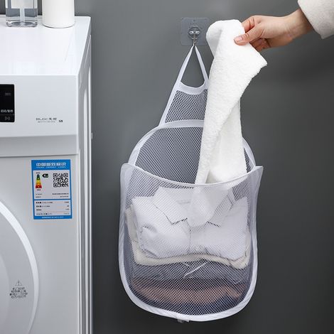 Cesto de ropa plegable, organizador de ropa sucia, bolsa de malla para guardar ropa de baño, cubo con marco de pared (1 pieza blanca)