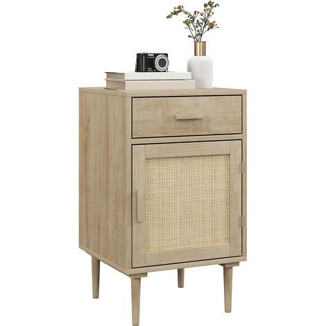 Table de Chevet AoSenYunZhou en Bois et Rotin Tissé avec Tiroir et Placard Bohème Naturel 40x40x68,5cm (1/5)