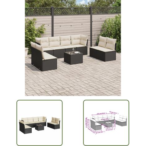 The Living Store 9-tlg. Garten-Sofagarnitur mit Kissen Schwarz Poly Rattan - Gartenmöbel Set - Outdoor Möbel - Rattan Sofa - Gartenlounge - Esstisch (1/3)