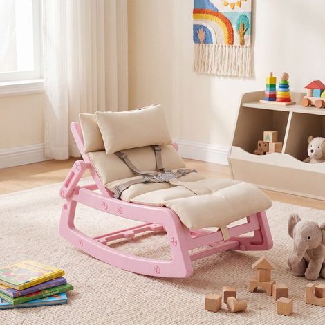 Fauteuil à bascule enfant rose avec dossier 4 positions, coussin lavable et harnais 5 points pour chambre et salle de jeux (1/5)