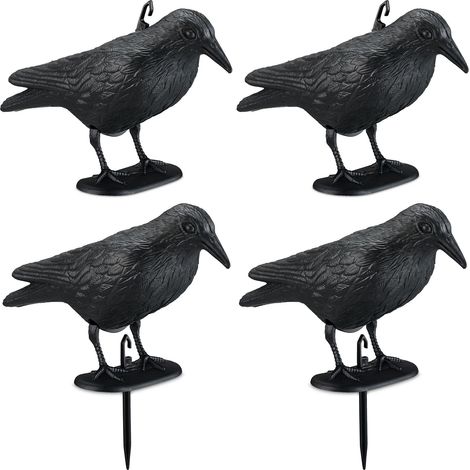 Relaxdays corbeau anti-pigeon, lot de 4, à poser et suspendre, effaroucheur oiseaux, pour jardin et balcon, noir
