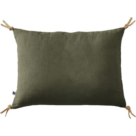 Coussin 40 x 60 cm en lin lavé vert avec 4 nouettes en jute - LUISA (1/5)