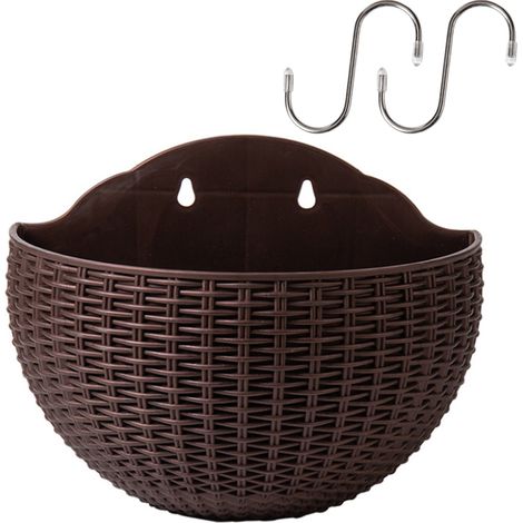 Halbrunder, wandmontierter Pflanztopf mit Rattan-Imitat – Automatisches Doppelbewässerungssystem – PP – 26 cm x 20,5 cm x 13 cm – 2 Haken (1/5)