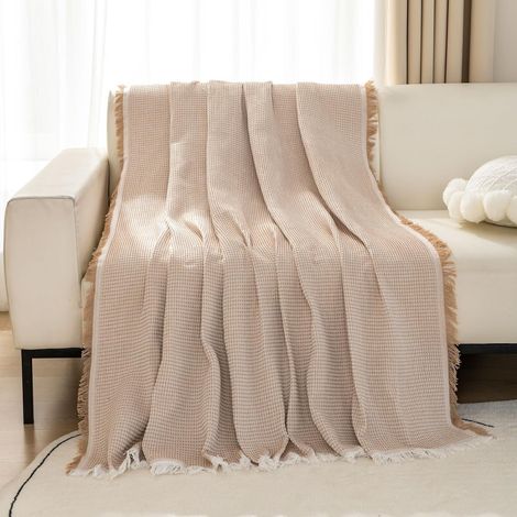 Waffle Throws for Sofas Large 2 or 3 Seater Woven Sofa Throw Blanket with Tassels Reversible Large Throws for Settees Couch Love Seat Double Bed and Armchair 180x300cm -Khaki (1/5)