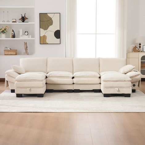 Divano modulare 330x132x84 cm in tessuto a coste beige con 2 pouf per soggiorno – MEUBLIV (1/5)