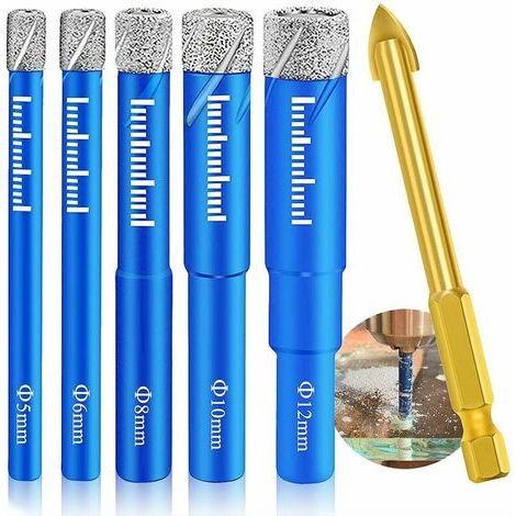 Fliesenbohrer-Set, Metallbohrer, Diamantbohrer, Glasbohrer, Hartmetallbohrer (5 mm, 6 mm, 8 mm, 10 mm, 12 mm und 6 mm), Metallbohrer für Porzellan, Steinzeug, Glas, Porzellan (1/5)