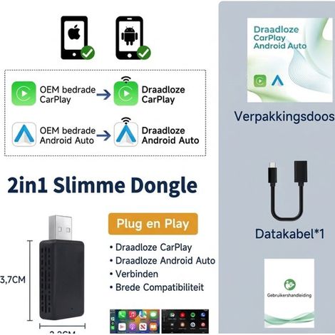 Adaptador inalámbrico 2 en 1 CarPlay para Apple CarPlay y Android Auto (Plug & Play) con puertos USB-A y USB-C - Negro (1/5)