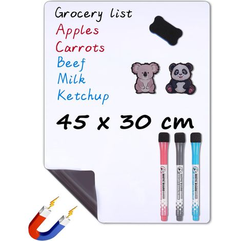 Magnetisches Whiteboard für Kühlschrank, 45 x 30 cm, löschbare Magnettafel für Kühlschrank, mit 3 Markern und 1 Radiergummi – ideal für Zuhause, Büro und Schule (1/5)