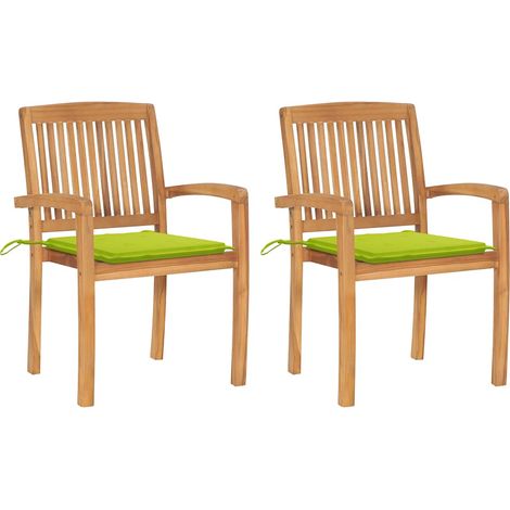 Gartenstühle 2 Stk. mit Hellgrünen Kissen Massivholz Teak (1/5)