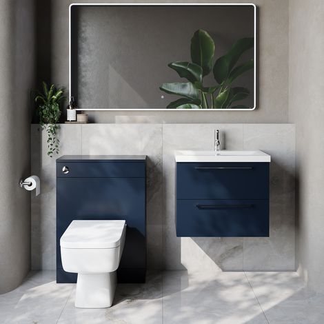 Napoli 390 Cento Deep Blue 1200mm Wall Mounted 2 Drawer Vanity Unit and Toilet Suite with Glide Basin - 1200mm - Chrome 320mm HandleWith Kingston Toilet Pan and Seat