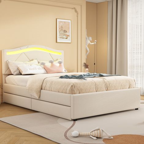 Lit capitonné 90x200cm sommier lattes LED tiroirs tête réglable beige