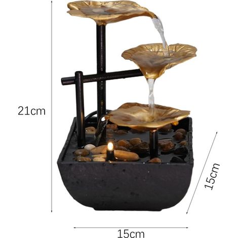 Metallbrunnen für den Innenbereich – 3-stufiger Wasserfall mit LED-Beleuchtung – Leise Pumpe für Büro und Schlafzimmer – Modernes Zen-Dekor (1/5)