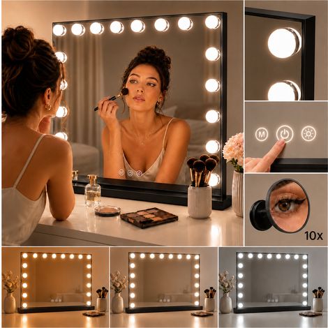 Espejo de maquillaje LED estilo Hollywood, metálico, 80x62cm, LED, 3 colores, USB, negro. (1/5)