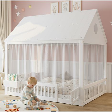 Cama casita infantil 140x200 cm de madera blanca, con almacenamiento, sin colchón FloraGrace (1/5)