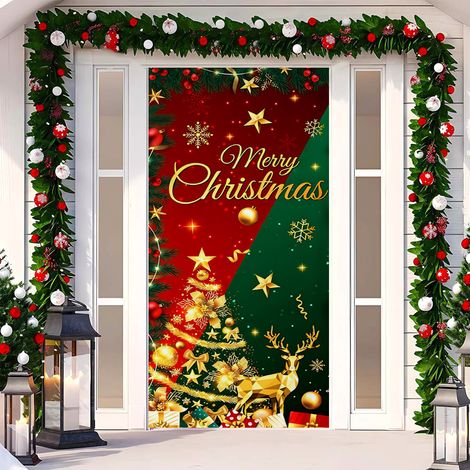 Rideau de porte de Noël 2026, bannière extérieure avec fond photo Père Noël et chien, tissu à suspendre - 90 x 180 cm (œillets + ruban) - 49