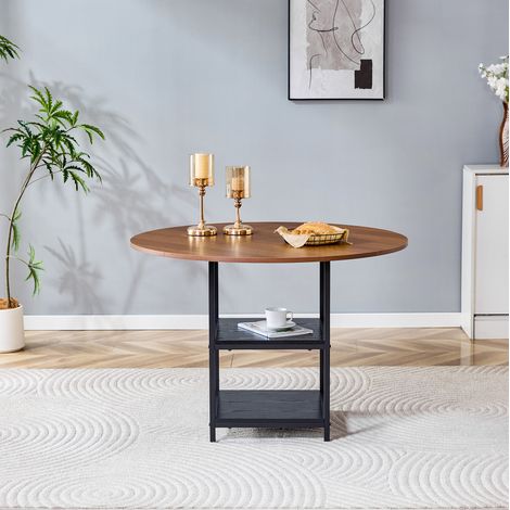 Tavolo da pranzo rotondo MDF effetto noce e metallo nero 107x75 cm con doppio ripiano, per 2-4 persone (1/5)
