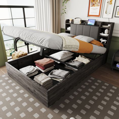 letto contenitore 140x200 testiera USB MDF grigio HAVRYA (1/5)