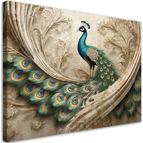 Tableau déco Oiseau Animaux Paon Beige 100x70 (1/5)