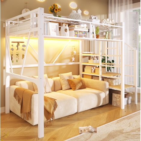 Letto a soppalco per bambini 90x200 cm con illuminazione a LED, ripiano a scaletta, contenitore, in metallo bianco (1/5)