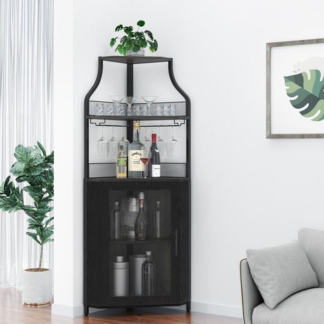 Meuble Bar à Vin d'Angle avec Porte Grillagée, Porte-Verres et 2 Étagères, noir (1/5)