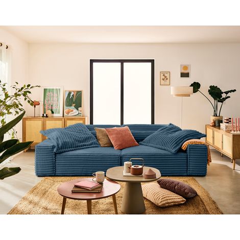 Richie - 3-sitzer einzelsofa mit doppelter récamiere - tiefe sitzfläche - aus geripptem kunstpelz - schieferblau