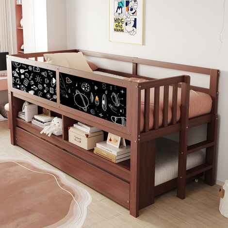 Lit superposé en bois massif 90x200 cm, lit enfant évolutif avec tableau noir, rangement ouvert et échelle d'escalade, marron, sans matelas
