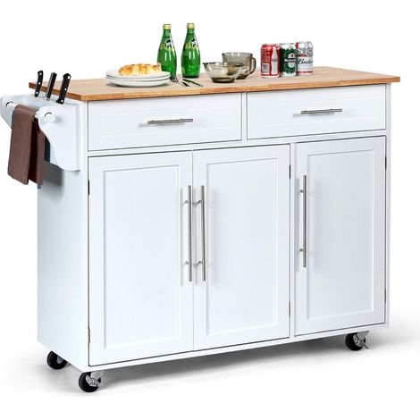 Goplus – Desserte de cuisine en MDF 122x46x92,3 cm – Chariot roulant avec 2 tiroirs et porte-serviettes – Mobilité aisée avec freins (1/5)