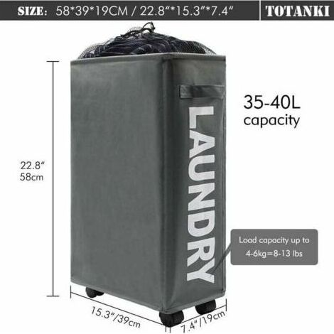 Panier à linge fin à roulettes de 55,9 cm avec poignée sur roulettes, panier à linge pliable, trieur et organisateur de linge pliable, grand panier de rangement (gris) (1/3)