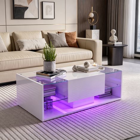 JOOKGBD-Hochglanz-Rechtecktisch mit schwebendem LED-Streifen, Moderne Wohnzimmertische mit Ablage, Offene Ablage und Schubladen, Glasfach, Weiß