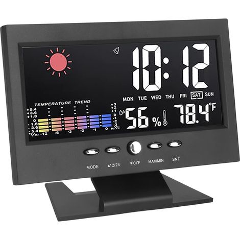 Multifunktionaler Wecker mit Temperatur- und Feuchtigkeitsanzeige, aus ABS-Kunststoff und LED-Farbbildschirm, schwarz. (1/5)