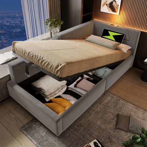 Lit simple 90x190 avec rangement velours gris HAVRYA (1/5)