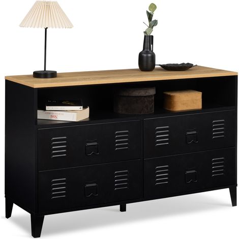 Idmarket – Commode enfant 4 tiroirs 115 cm – Métal noir et plateau façon hêtre – Niche design industriel – Dimensions 115x40x72 cm (1/5)