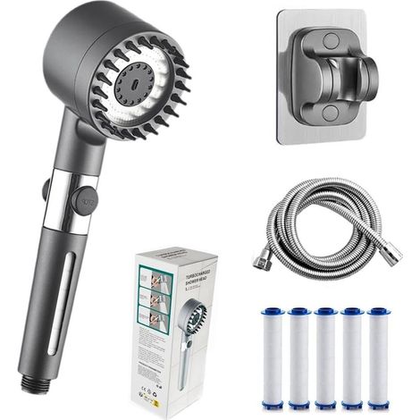 Hochdruck-Duschkopf mit Filter- und Massagefunktion, 3 Modi, wassersparender Handbrausekopf, inklusive Halterung und Schlauch, grau.