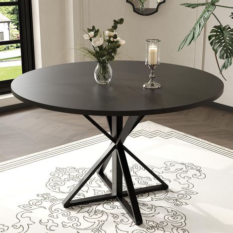 GARVEE - Table à manger ronde bois 120 cm – Plateau rond sécurisé, piétement métal renforcé, 4 places pour salle à manger & cuisine(Noir) (1/5)