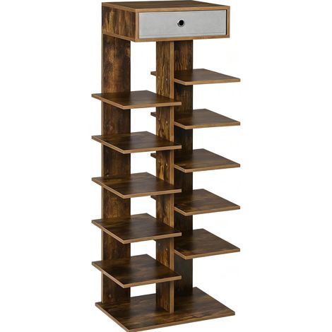 Meuble à chaussures en bois avec 12 étagères et tiroir, rangement vertical compact (1/4)