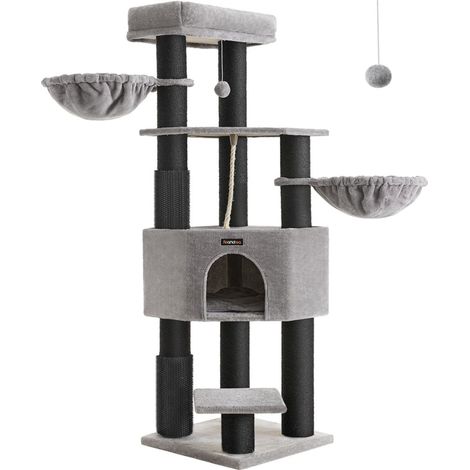 Árbol para gatos grande y estable con alfombra cálida autocuidado postes rascadores guarida hamacas plataformas cuerda de sisal 50 x 50 x 160 cm gris y negro 120003833