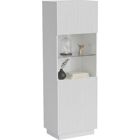 Vitrina Vado, vitrina de salón con puerta de cristal y detalle, acabado efecto estriado, 60 x 40 h 178 cm, color blanco