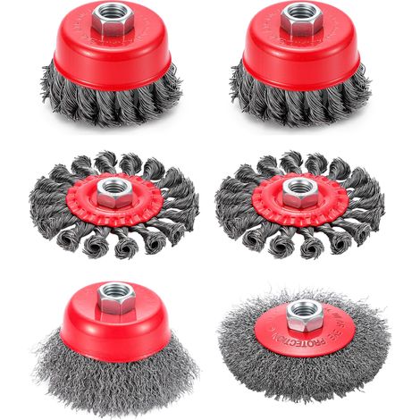 Lot de 6 brosses métalliques pour meuleuse d'angle, brosse torsadée nouée avec filetage M14, roue en fil d'acier au carbone de 75 mm et 100 mm pour le nettoyage, l'élimination de la rouille (1/5)