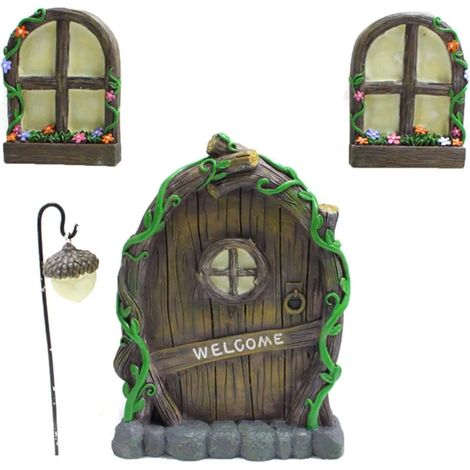 Kit de puerta de hada Jardín hadas y puertas élficas Decoraciones de árbol de hada en miniatura Estatuas de jardín Puerta y ventanas de hada para árboles (1/5)