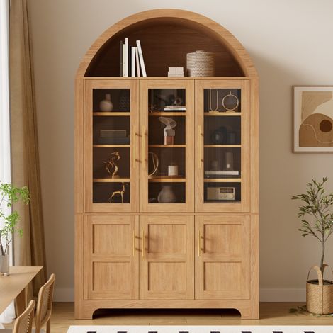 Highboard vitrinenschrank 110x40x185 cm geschirrschrank mit bogen-nische 6 türen und verstellbaren böden aus mdf für wohnzimmer - natur (1/5)