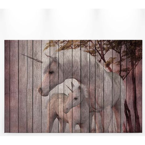 Tableau licorne pour chambre de fille | Tableau animaux gris effet peinture sur bois | Tableau chambre enfant cheval blanc - 0,9 x 0,6 m (1/5)