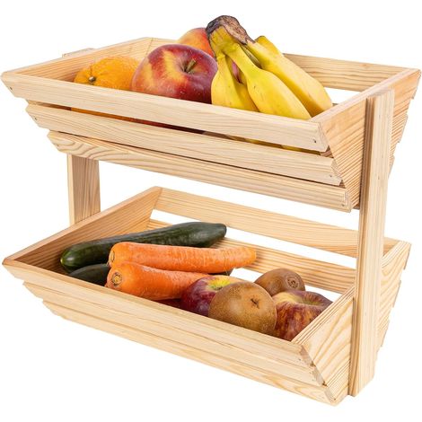 Corbeille Panier À Fruits Bois à 2 Étages 36 x 28 x 30 Cm