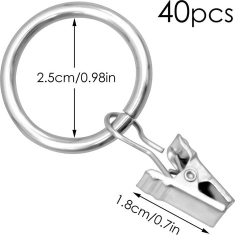40 Pièces Anneaux de Rideaux avec Clips Anneaux de Suspension en Métal Anneaux à Pince 25 mm Diamètre Intérieur, Argenté